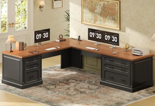 Vista 12 de SEDETA Escritorio ejecutivo en forma de L de granja de 67 pulgadas con Negro+marrón