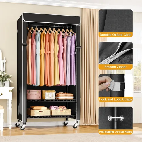 Vista 6 de ULIFHOME P6C - Perchero mediano con tapa, estante de ropa cubierto