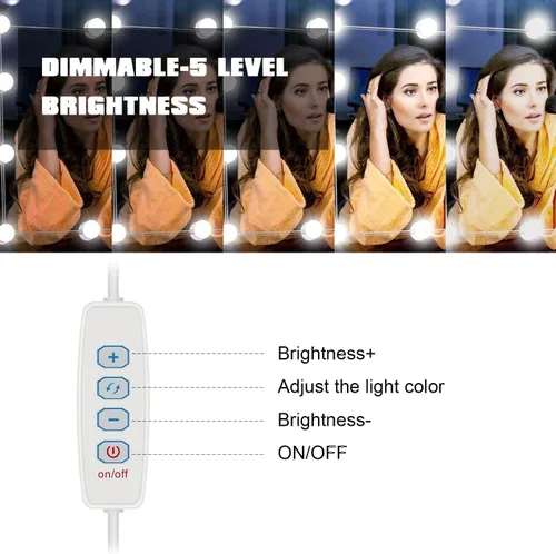 Vista 3 de Luces LED de tocador para espejo, estilo Hollywood, 10 bombillas regulables, 3 modos de cambio de color, configuración sin esfuerzo, cable USB