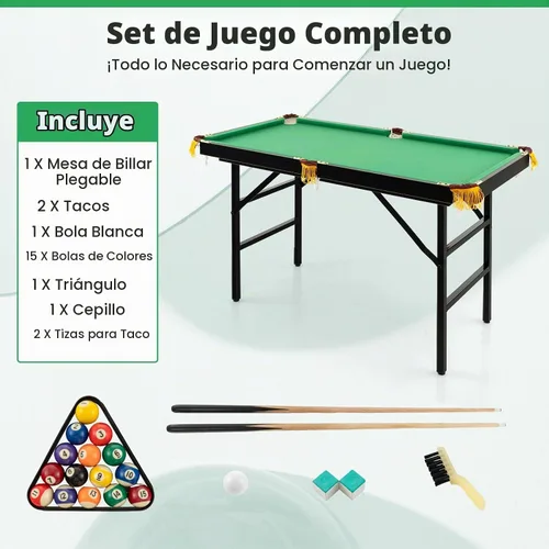 Vista 9 de GYMAX Mesa de billar, mesas de billar plegables de 48 pulgadas con bolas, 2 palillos de taco, tizas y cepillo, mini mesa de billar para niños Verde