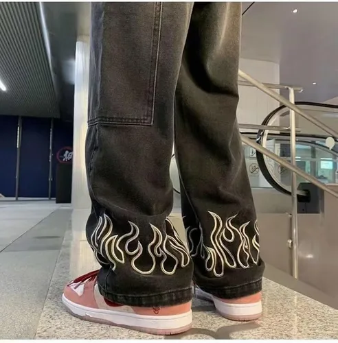 Vista 3 de Y2K - Pantalones de mezclilla holgados Flame Emo Cyber Cargo Grunge Vintage Demin Ropa estética Hiphop gótico Jogger Pantalones deportivos