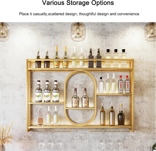 Vista 4 de Estantes para vinos, estantes de bar montados en la pared con estante colgante para copas de vino, estante de exhibición de botellas de licor
