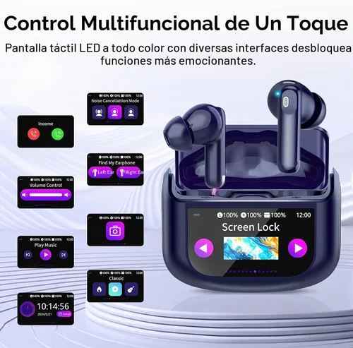 Vista 5 de Auriculares inalámbricos, auriculares Bluetooth 5.4, pantalla táctil multifunción con 5 modos de ecualización, auriculares estéreo de 48 horas