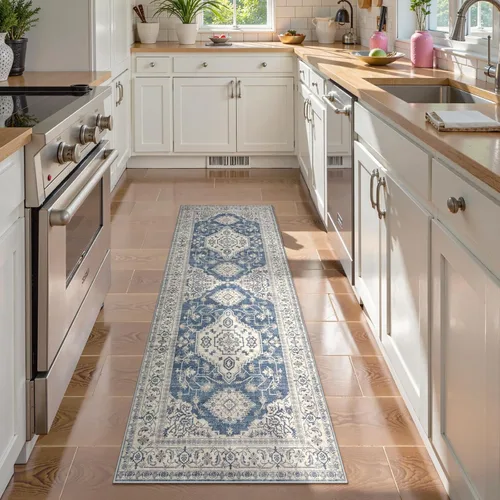 Vista 48 de Lahome Alfombra oriental lavable de área pequeña, 2 x 3 pies, para entrada, cocina, ultra fina, suave, tapete antideslizante para puerta de Azul