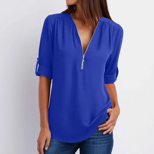 Vista 2 de Blusas de manga corta para mujer, con cuello en V, cuello en V, de gasa, estilo casual, unicolor, holgadas