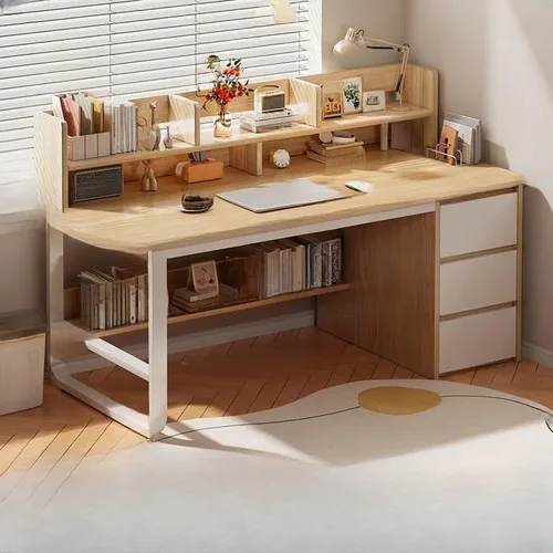 Vista 12 de Escritorio moderno con 3 cajones, mesa de estudio de computadora con gabinete para oficina en casa, estación de trabajo para espacios pequeños Gris
