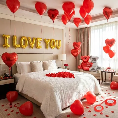 Vista 5 de Juego de globos y globos de aniversario, kit romántico de globos de corazón con rosa roja, decoraciones de aniversario para boda, confesión