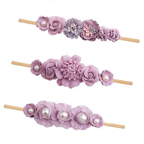 Vista 20 de cherrboll 3 diademas de flores para bebé, súper suaves y elásticas, de nailon, para recién nacidas
