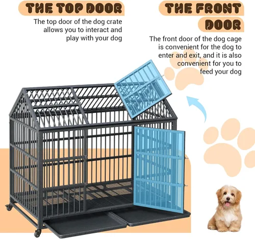 Vista 4 de Jaula resistente para perros de 52 pulgadas, doble puerta con ruedas bloqueables de 360° y bandeja extraíble, fácil de montar, jaula de metal