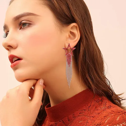 Vista 4 de EVER FAITH Aretes de borla de estrella para mujer, aretes largos de cristal de diamantes de imitación con cuentas de cascada con flecos, aretes