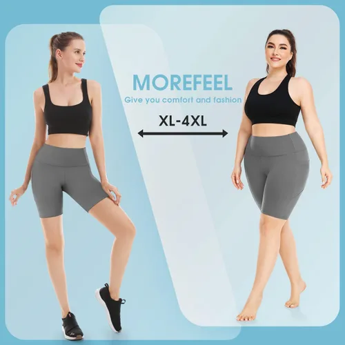 Vista 9 de MOREFEEL Pantalones cortos de ciclismo de talla grande de 8 pulgadas con bolsillos para mujer, cintura alta, control de abdomen, pantalones cortos