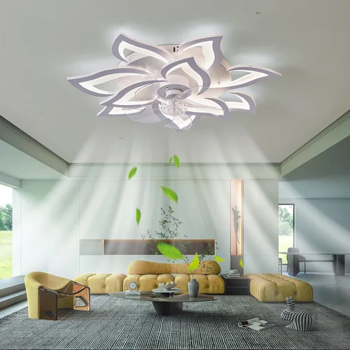 Vista 2 de Ventilador de techo con luz, moderno ventilador de techo de montaje al ras para interiores con luz LED regulable y control remoto, 3 temperaturas