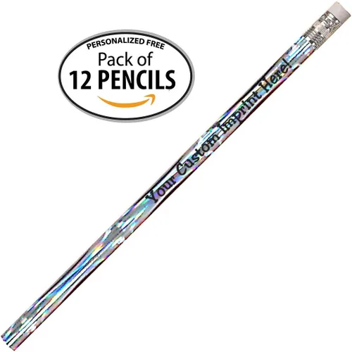 Vista 2 de Express Pencils™ Lápices personalizados – Redondo – Tema láser – Impreso personalizado con tu mensaje, texto o logotipo, paquete de 12 – plateado