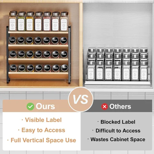 Vista 7 de MUDEELA Organizador de especias de 4 niveles para gabinete, estante vertical de madera para especias, organizador de condimentos para encimera, Negro