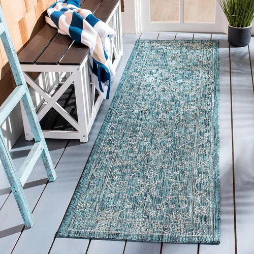 Vista 108 de SAFAVIEH Alfombra lavable al aire libre, colección Courtyard - 2'3" x 5', azul aguamarina y gris, no desprende pelusa y fácil limpieza, ideal