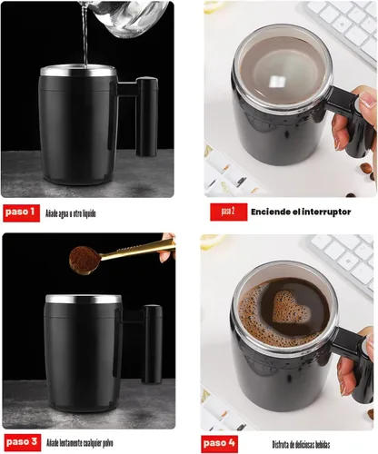Vista 3 de Taza autoagitadora, taza de café magnética recargable con 2 barras de agitación, taza de mezcla automática impermeable para leche/cacao en la Negro