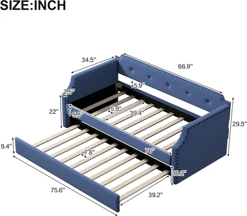 Vista 2 de Sofá cama tapizada con nido, sofá cama de tamaño individual con soporte de listones de madera, marco tapizado de madera para sala de estar, no Azul-2