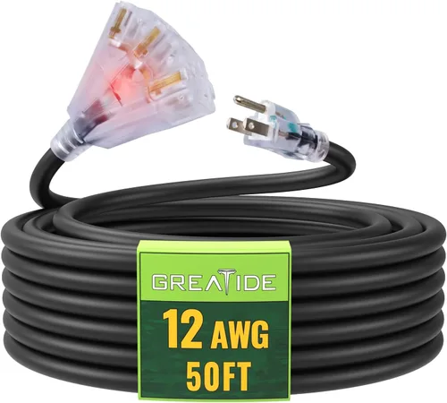 Vista 16 de Cable de extensión iluminado para exteriores de 6 pies con 3 tomas de corriente eléctrica - Cable de extensión negro resistente SJTW 12/3