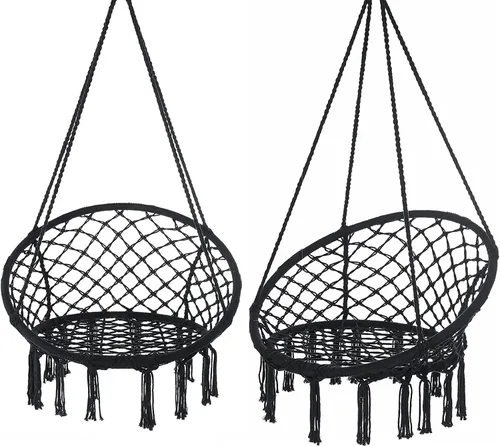 Vista 10 de Garpans Hamaca de macramé, estilo bohemio, hamaca con borlas, columpio colgante hecha a mano, cuerda de algodón tejida a mano para interiores y Beige