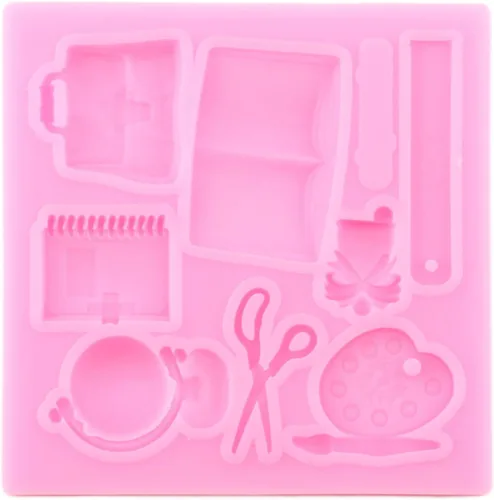 Vista 8 de Mujiang Moldes de silicona para el regreso a clases, bolsa escolar, libro de tijeras, paleta de dibujo, moldes para fondant, para decoración