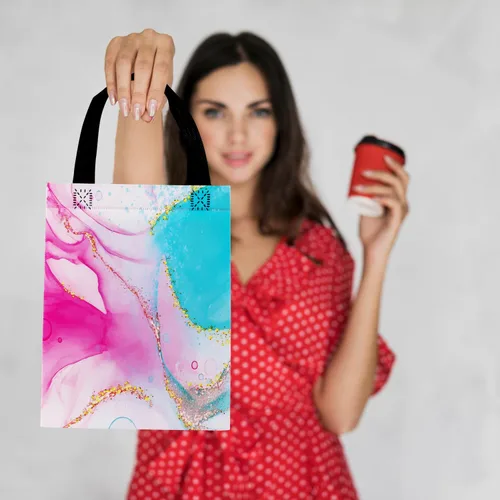 Vista 5 de 18 bolsas de regalo medianas reutilizables con asas, 10.2 x 7.8 x 4 pulgadas, bolsas de regalo de mármol colorido con pañuelos para fiestas