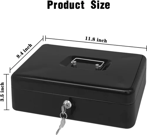 Vista 2 de Caja de efectivo de acero con cerradura de llave, organizador de dinero pequeño de metal con bandeja para dinero, caja de almacenamiento de efectivo