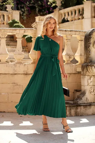 Vista 5 de MASCOMODA Vestido largo plisado de un hombro para mujer, vestido largo de verano floral bohemio de manga corta con lazo en la cintura y línea A