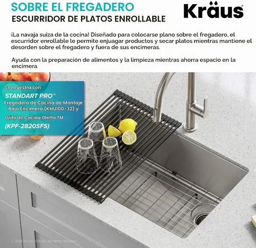 Vista 3 de Kraus Escurreplatos multiusos enrollable para encima del fregadero, con colador y esterilla en negro, KRM-10BLACK