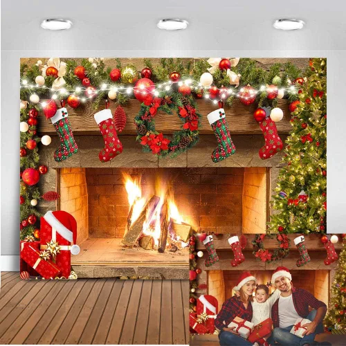 Vista 8 de Mocsicka Telón de fondo de chimenea de 5 x 3 pies, decoración de fiesta familiar, decoración de fotos de fotos, calcetines de Navidad, árboles