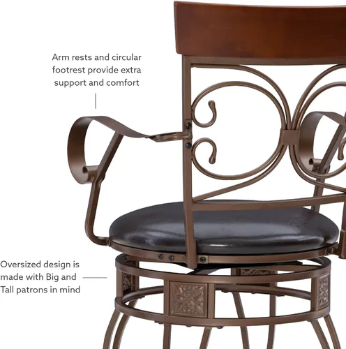 Vista 8 de Powell Dayne - Taburete grande y alto de 24 asientos con brazos en metal de bronce oscuro con asiento acolchado de piel sintética marrón oscuro