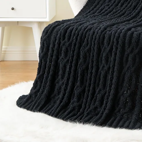 Vista 4 de Battilo Manta Negra para Sofá, Manta de Punto Cable para Cama, Silla, Decoración del Hogar, Manta de Chenilla Tejida Suave y Acogedora, Manta Negro