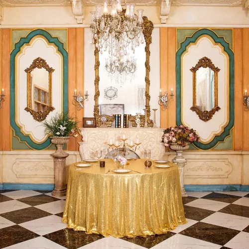 Vista 2 de Eternal Beauty Mantel de lentejuelas doradas de 120 pulgadas, mantel redondo brillante con purpurina para decoración de bodas, fiestas de cumpleaños