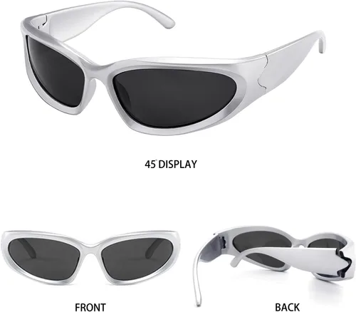 Vista 7 de Y2K - Gafas de sol envolventes deportivas futuristas ovaladas para mujeres y hombres 2022 a la moda, color plateado