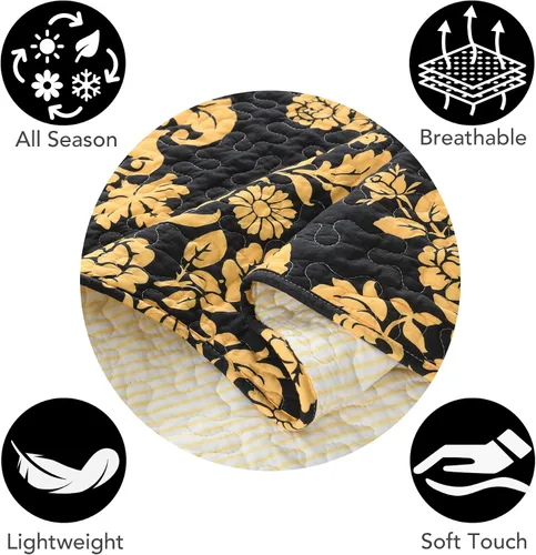 Vista 7 de Juego de edredón de 3 piezas, 100% algodón suave, diseño floral negro y amarillo, reversible, ligero, para todas las estaciones