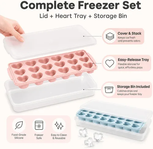 Vista 3 de 2 paquetes de bandejas para cubitos de hielo en forma de corazón con tapas y compartimentos, moldes de hielo con caja de almacenamiento de hielo, 48