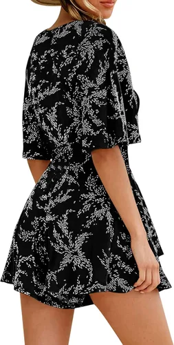 Vista 6 de Relipop Enterizo de verano para mujer, diseño floral, cuello en V, manga corta, cintura con nudo y dobladillo con volantes, overol corto casual
