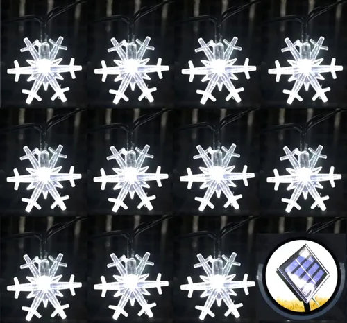Vista 7 de Guirnalda de luces solares de Navidad para exteriores, impermeables, 30 LED, 20 pies, copos de nieve, luces de hadas de Navidad con 8 modos