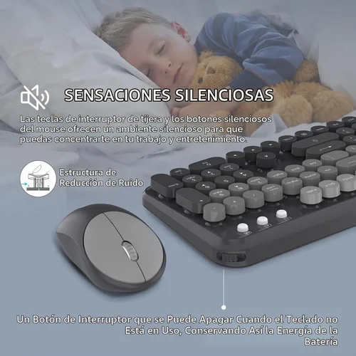 Vista 7 de Combo de teclado y mouse inalámbricos, 104 teclas redondas, lindo teclado y mouse inalámbricos coloridos con máquina de escribir retro, color negro
