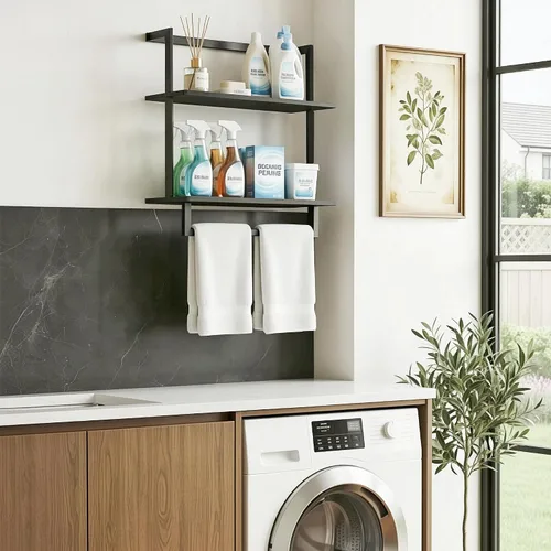 Vista 5 de Toallero montado en la pared para baño, soporte de almacenamiento de baño, estante de toalla de madera de acero de 3 niveles con barra, negro