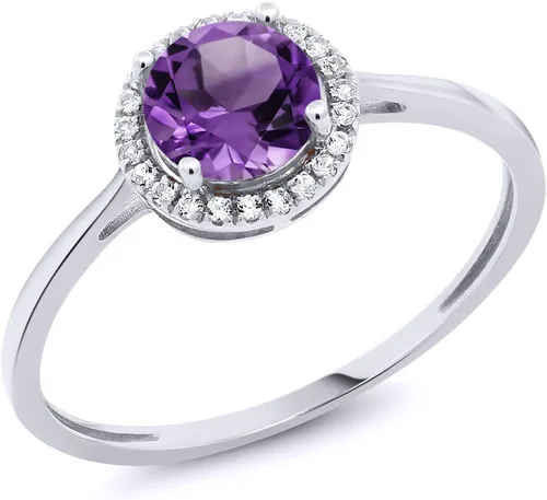 Vista 62 de Gem Stone King Anillo de compromiso de boda de oro blanco de 10 quilates con piedra natal y halo de diamantes Redondo de 0.236 in Anillo de oro
