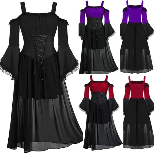 Vista 4 de Bilqis Disfraces medievales góticos de Halloween para mujer, vestidos vintage de encaje con hombros descubiertos, disfraz de vampiro, vestidos