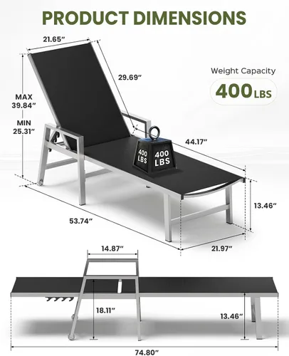 Vista 2 de Vexwalx Tumbona para patio al aire libre con ruedas y reposabrazos, sillas reclinables ajustables de aluminio de 5 posiciones, sillas de playa al