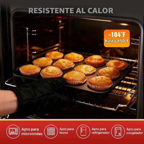 Vista 4 de Molde de silicona para muffins para hornear: Molde para muffins de 12 cavidades con marco reforzado de metal, moldes de tamaño regular para cupcakes