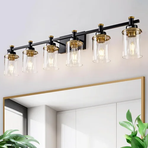 Vista 19 de Accesorios de Luz de Baño de 3 Luces, Accesorio de Luz de Tocador Negro y Dorado Cepillado Sobre Espejo, Apliques de Pared Modernos Iluminación