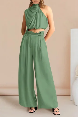 Vista 4 de PRETTYGARDEN Womens 2024 Summer Sleeveless Mock Neck Crop Tops Wide Leg Pants Set