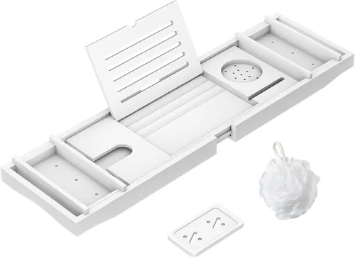 Vista 9 de Bandeja de Bañera de Bambú para Baño de Lujo, Bandeja de Baño Premium Expandible con Soporte para Jabón/Toalla/Libro, Accesorios de Baño Ajustables