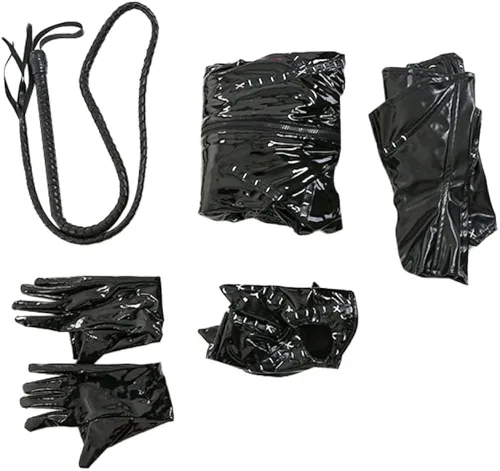Vista 7 de Disfraz de cuerpo completo negro de gatúbela para mujer, cosplay de Noche de Brujas, incluye máscara y látigo, por Miccostumes