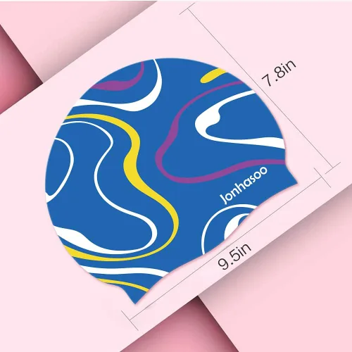 Vista 3 de Gorro de natación de silicona para mujer, gorras de natación impermeables de pelo largo con rayas de color impresas