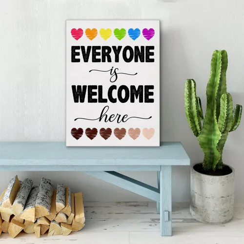 Vista 5 de Lienzo decorativo para pared con texto en inglés «Everyone Is Welcome Here Diversity» con texto en inglés «Everyone Is Welcome Here Diversity»