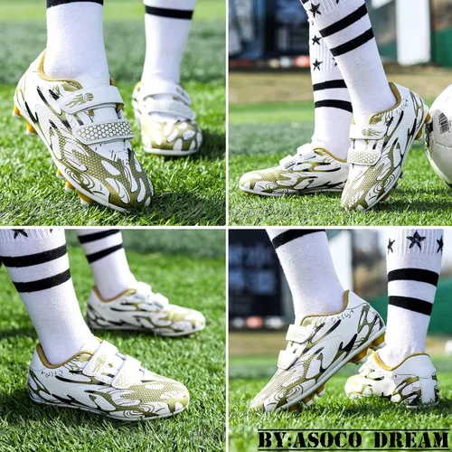 Vista 5 de ASOCO DREAM Zapatos de fútbol para niños y niñas, zapatos de fútbol para suelo firme, para jóvenes profesionales atléticos para exteriores e